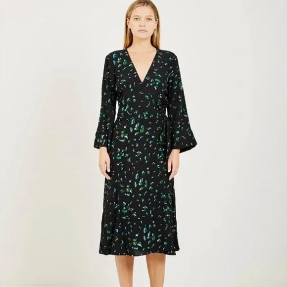 Ganni Floral Print Midi Wrap Crepe Dress XS - Picture 3 of 6